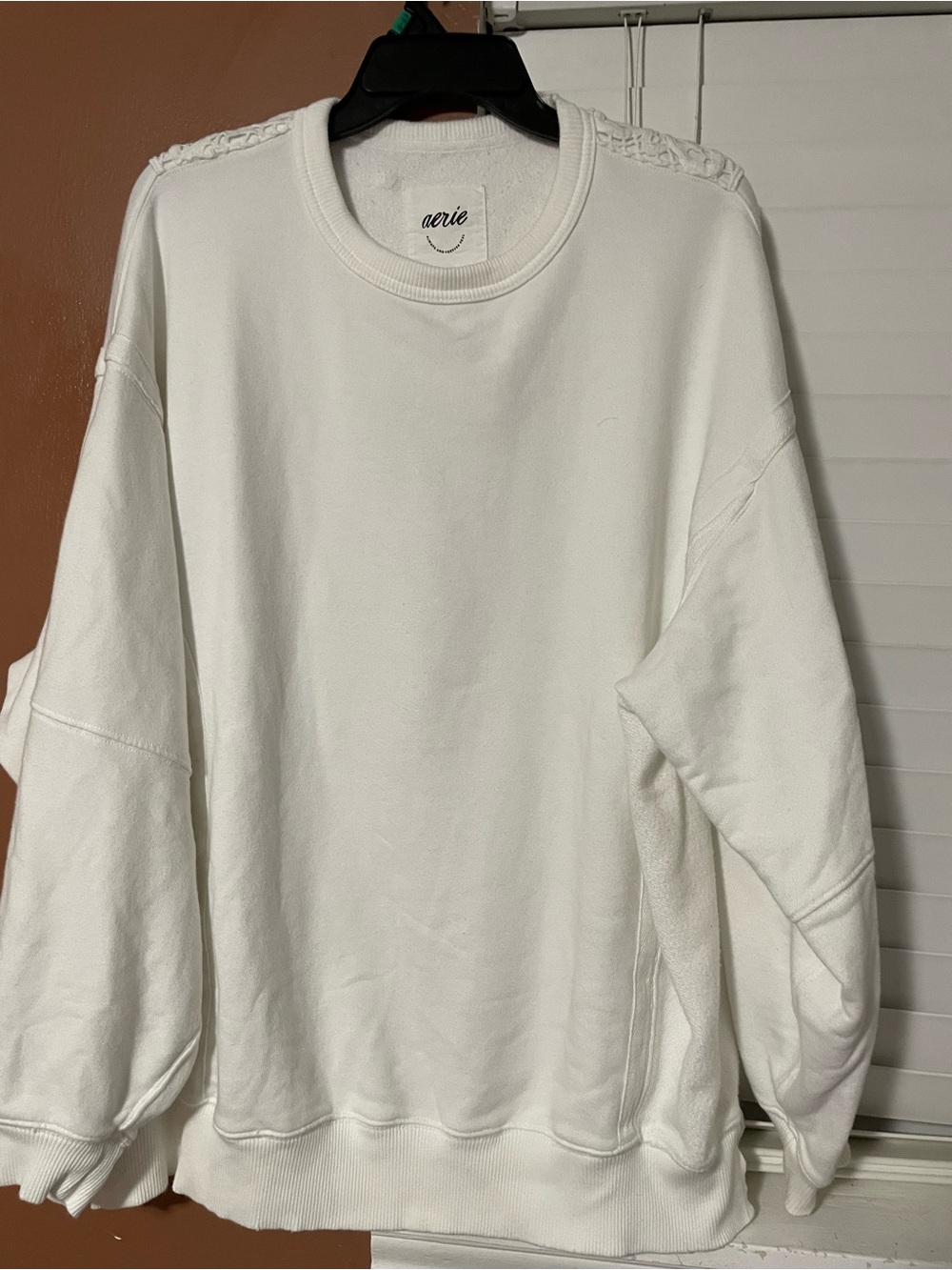 aerie White Crewneck Sweatshirt with Subtle Shoulder Stitching